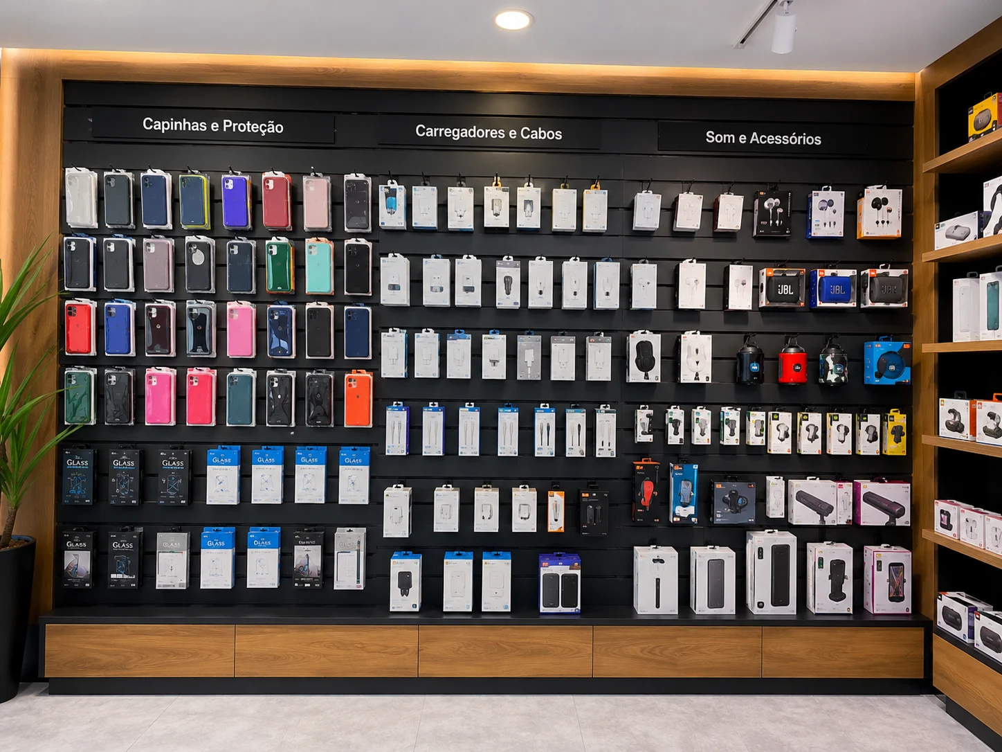 Painel com capinhas, carregadores, cabos e acessórios para celular
